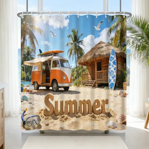 TQUQOBU Summer Camping Waterproof Shower Curtain Set 72x72 Inches with Tropical Beach Design & 12 Hooks