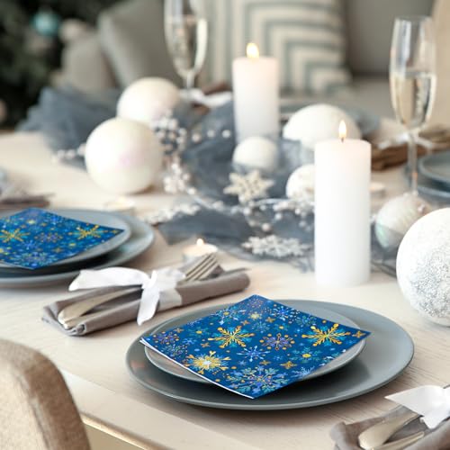 Winter Snowflake Paper Napkins - Blue Gold Xmas Disposable Napkins 6.5 x 6.5 Inch, 80 Pack
