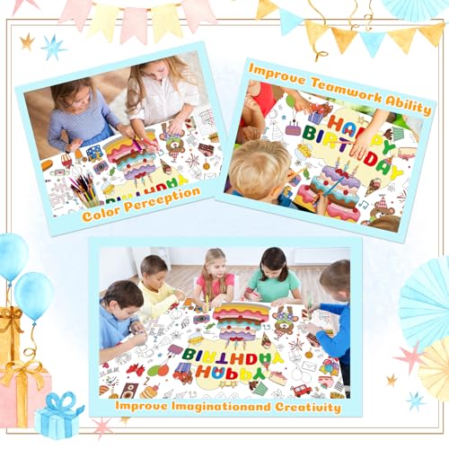 QISOLIY Happy Birthday Coloring Tablecloth, 31 x 71 Inch Giant Paper Poster for Kids Party
