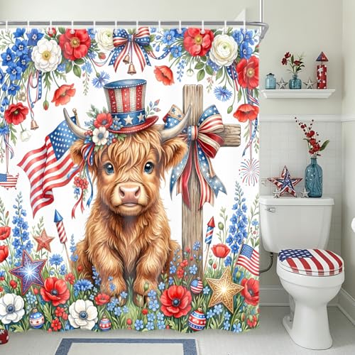 Torich 4th of July Highland Cow Patriotic Shower Curtain 72x72 Inch, Waterproof American Flag Farmhouse Bathroom Decor, Hooks Included