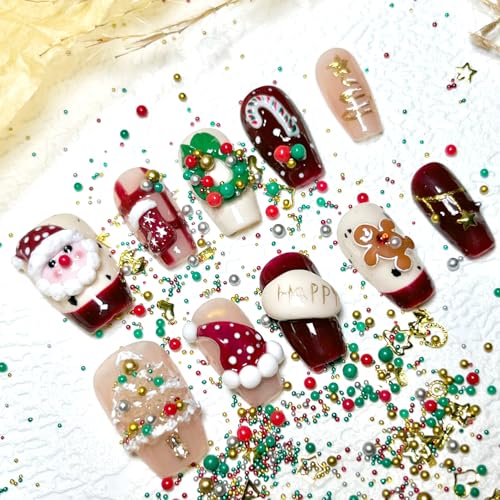 Christmas Press on Nails Medium Square French Tip Fake Nails with 3D Beads
