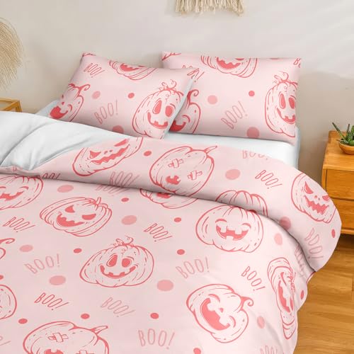 Chumerry King Size Pink Halloween Duvet Cover Set with Ghost & Pumpkin Print
