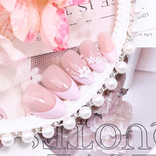 Short Almond Press on Nails 3D Floral French Tip with Pearl Design