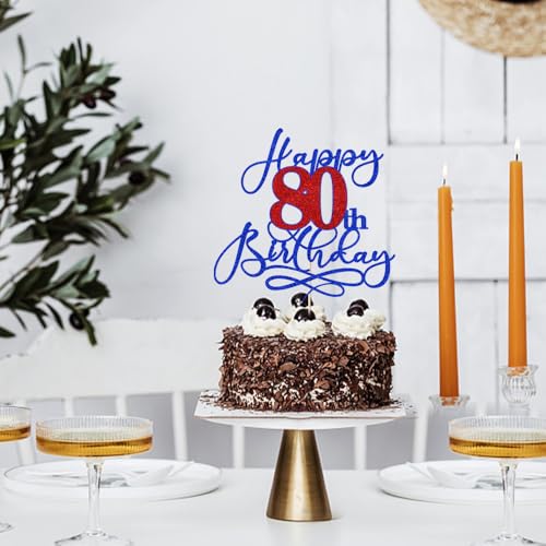 80th Birthday Cake Topper - Deep Blue & Red Glitter Party Decoration