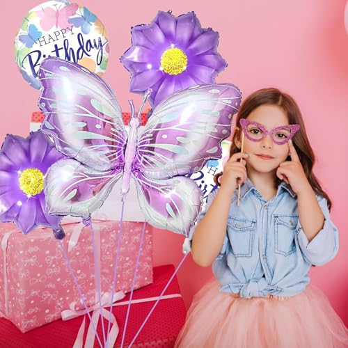 Butterfly Balloon Set - 1 Foil Butterfly, 2 Birthday, 2 Sunflower Balloons