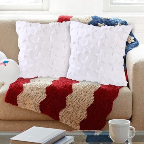 Heirloom Haven 4th of July White Star Throw Pillow Covers Set of 2, 18x18 Inch Holiday Decor