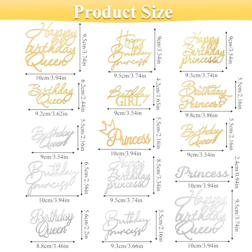 15Pcs Acrylic Happy Birthday Cake Toppers Gold and Silver Cupcake Decor