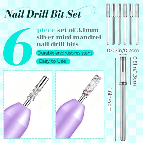 6 Pcs Mandrel Nail Drill Bits 3/32 Shank for Sanding Bands Manicure