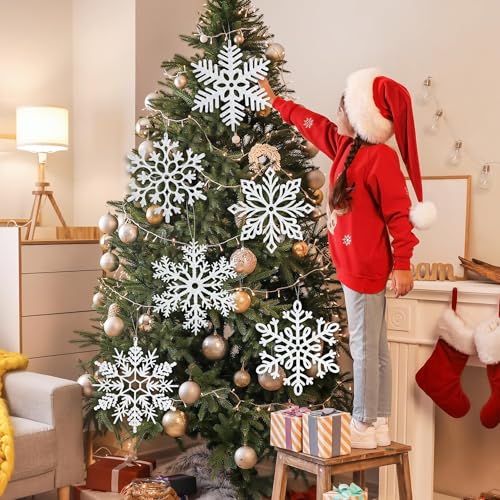 Large White Snowflake Ornaments Set - 12 Inch Plastic Holiday Decorations, Glittered Snowflakes for Christmas Tree & Indoor Outdoor Decor - 24 Pieces