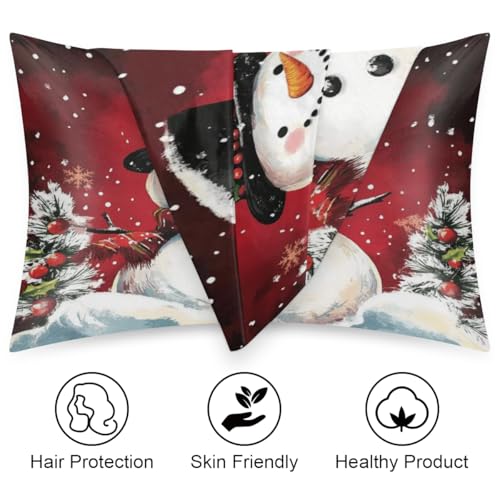 Christmas Satin Pillowcase Queen Size Red Snowman Silk Pillow Cover with Zipper