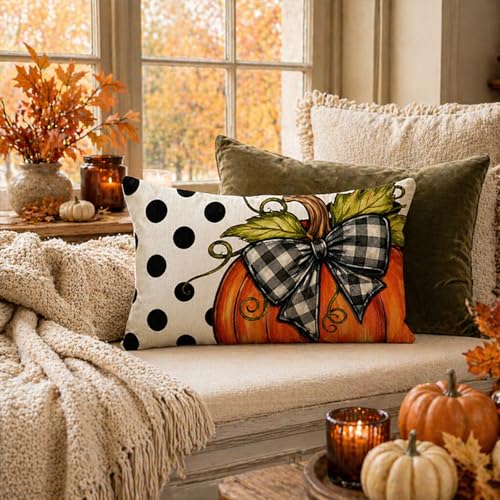 Polka Dot Pumpkin Throw Pillow Cover 12x20 Inch - Autumn Fall Decor