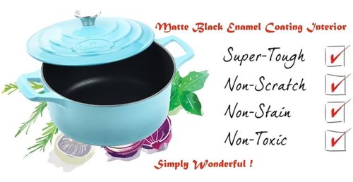La Cuisine Enameled Cast Iron Dutch Oven Casserole Dish Pot with Lid, 5 QT 10.2" /26cm Dia. Internal Matt Black Enamel Coating for bread baking,Teal Enamel Finish Exterior, Oven Safe up to 500° F