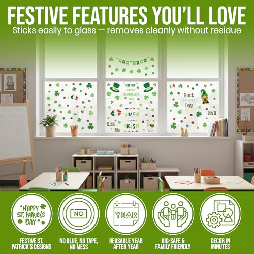 91-Piece St. Patrick's Day Gel Window Clings - Reusable Shamrocks & More