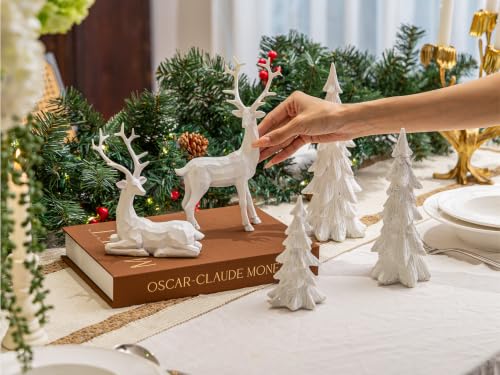 White Christmas Reindeer Decor Set - Resin Woodland Holiday Figurines & Trees