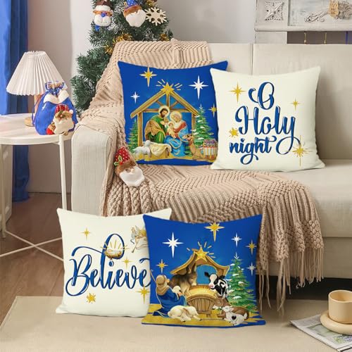 Bonhause Blue Christmas Throw Pillow Covers 18x18 Inch Nativity Scene Holiday Decor - Blue-1