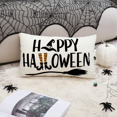 Happy Halloween Throw Pillow Cover, 12x20 Inch Witch Broom Design