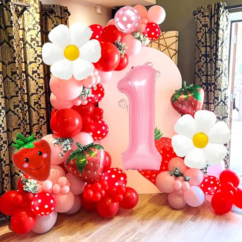 Corabsar Strawberry Balloons Set for First Birthday Party – 7 pcs, Pink & Red Berry Theme, Reusable Foil Decor, Variation 1