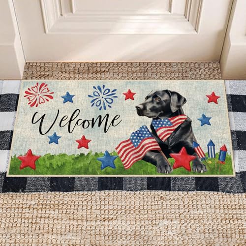 Patriotic Black Labrador Doormat 16x30 Inch - 4th of July Entryway Rug
