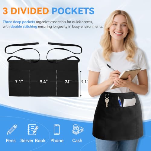 LOHYILYE 12-Inch Waist Apron with 3 Pockets - Black Server Half Apron