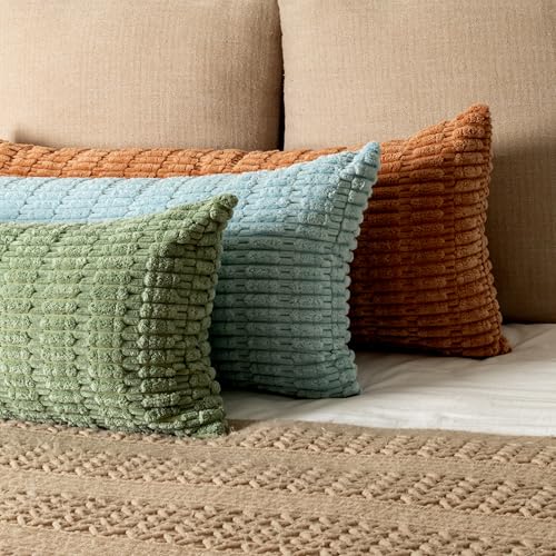 JoraLion Corduroy Lumbar Pillow Cover 12x24 Inch - Light Green Soft Cushion