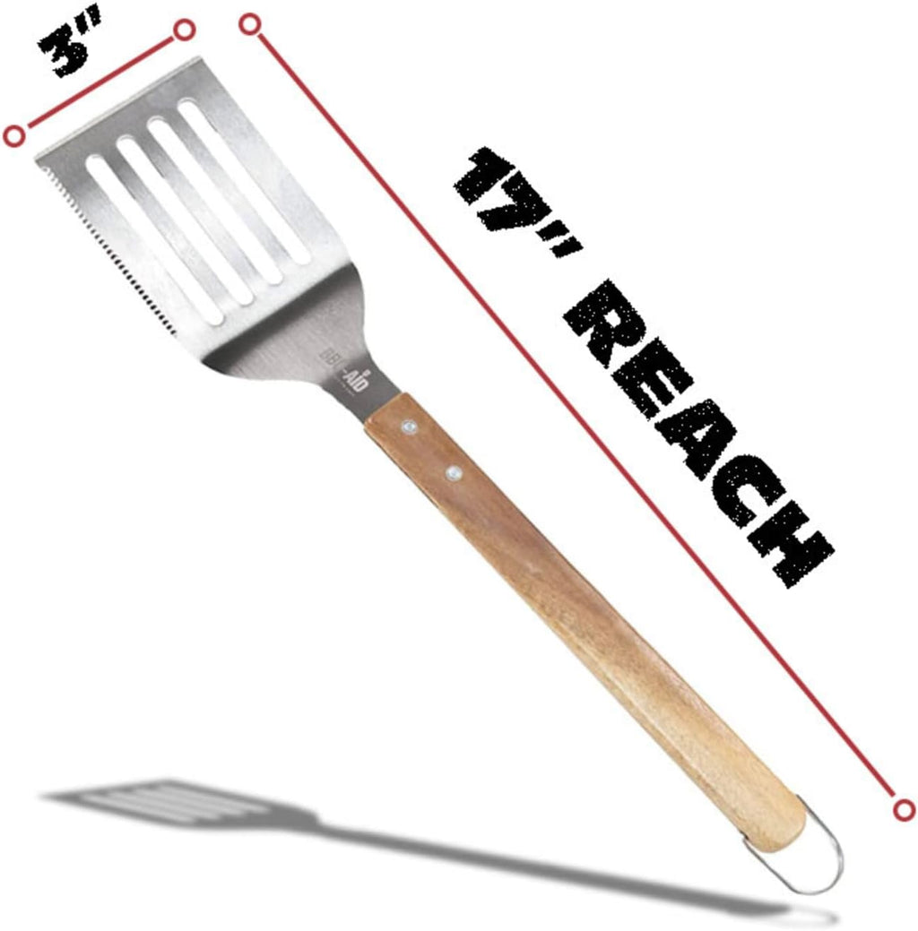 BBQ-AID Pro BBQ Metal Spatula - 17" Stainless Steel with Serrated Edge & Acacia Wood Handle