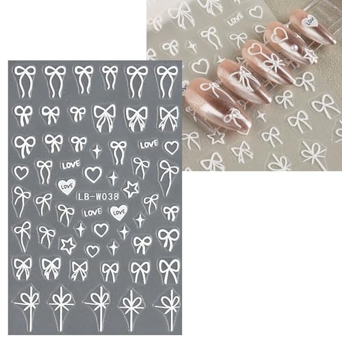 JMEOWIO 8 Sheets Heart Bow Tie Nail Art Stickers Decals Pink