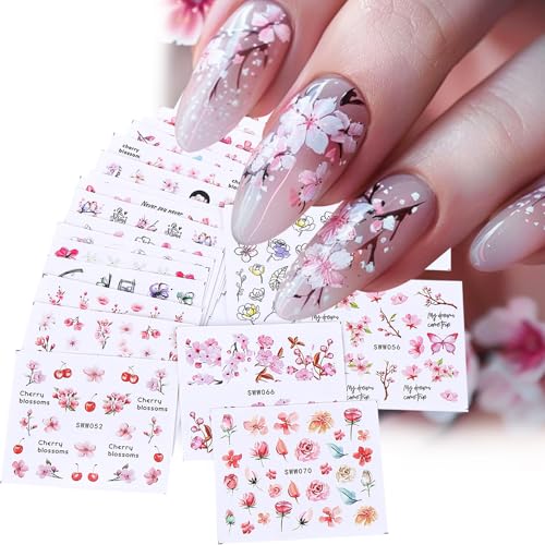 Spring Pink Flower Water Nail Decals 24 Sheets Cherry Blossom Nail Art