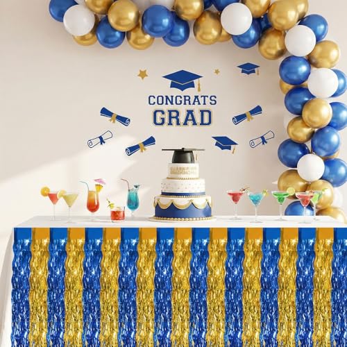 Blue Gold Metallic Tinsel Foil Fringe Table Skirt 2 Pack