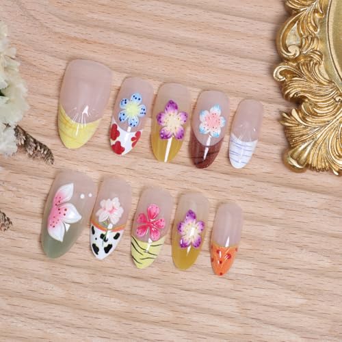YKZFUI 30pcs Medium Almond Press On Nails with 3D Floral French Design