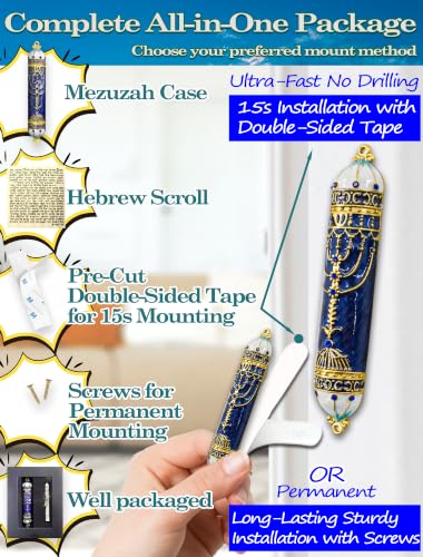 Royal Blue Mezuzah with Hand-Painted Enamel & Scroll – Easy Install