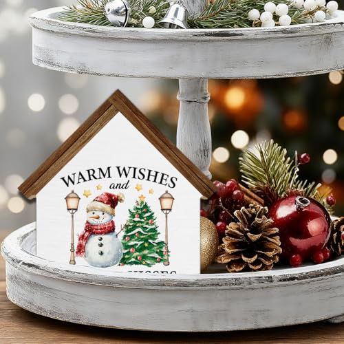 Nurawo R Christmas House Shape Wooden Sign - Snowman Warm Wishes Holiday Decor