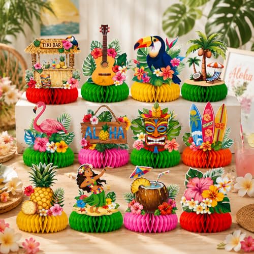 Hawaiian Luau Party Decorations - Tropical Honeycomb Centerpieces, 12 Pcs
