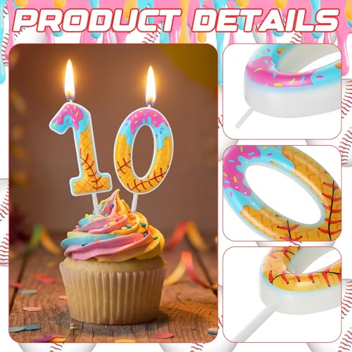 10th Birthday Baseball Number Candles, Ice Cream Drip Cake Topper Set