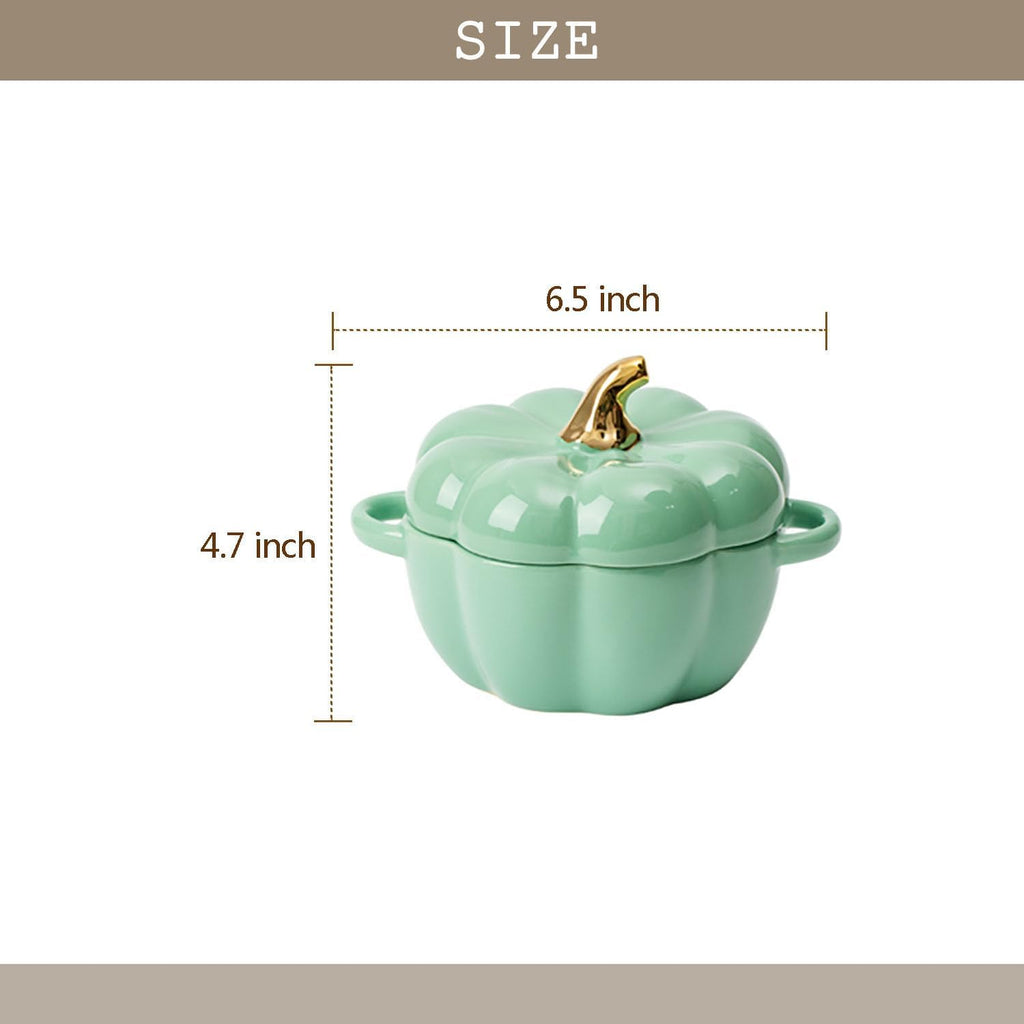 Pumpkin | 14 Oz Ceramic Ramekin Set with Lid & Handle - Oven Safe Individual Casserole Dish (Green)