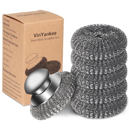 VinYankee Steel Wool Scrubber with Handle - Stainless Steel Cleaning Pads for Kitchen & Home