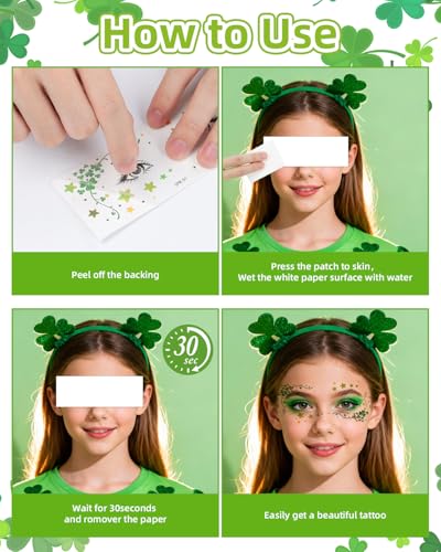 St. Patrick's Day Face Tattoos - 18pcs Green Shamrock Glitter Stickers