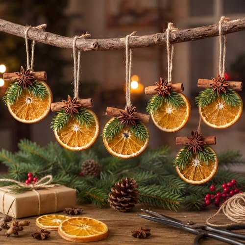 24 Pcs Dried Orange Slice Christmas Ornaments with Cinnamon & Greenery
