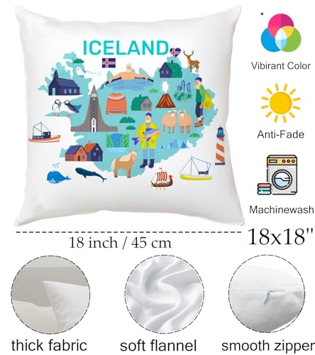 Iceland Travel Map Throw Pillow Cover - 18x18 Soft Flannelette