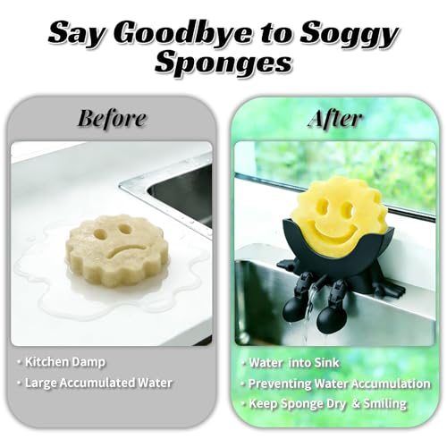 Cute Hanging Sponge Holder with Drainage - Kitchen Sink Caddy, No Installation Needed, Black