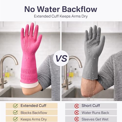 Gennethly Red Rubber Dishwashing Gloves - 2 Pairs, Medium Long Cuff
