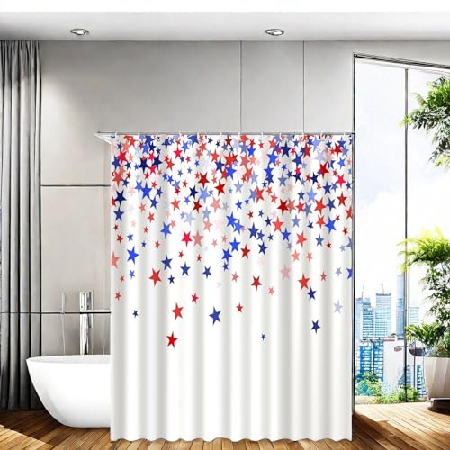 Patriotic 4th of July Shower Curtain 72x72 Inch - Red, White & Blue Stars