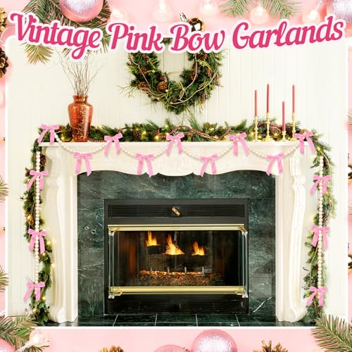 Pink Pearl Garland with Satin Bows 9.8Ft Christmas Party Decor
