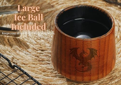 Charred Wooden Whiskey Glass - Handcrafted Bourbon Tumbler with Dragon Engraving, Perfect Gift for Men