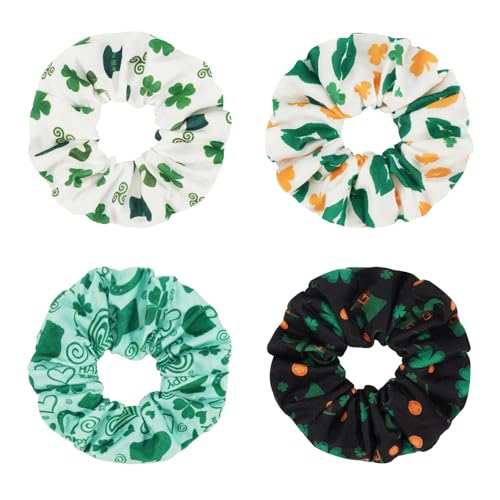 St Patrick's Day Hair Scrunchies 4-Pack Green Shamrock Irish Ponytail Holders