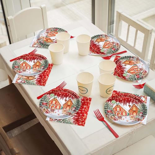 Christmas Gingerbread House Tableware Set for 24 Guests - Disposable Plates & Napkins