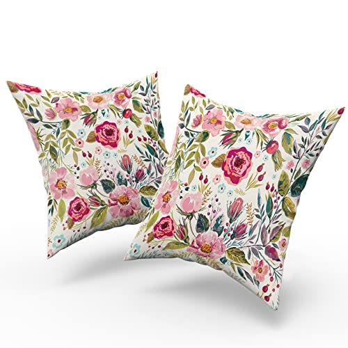 Pink Peony Throw Pillow Covers 18x18 Inch Set of 2 - Floral Cotton Cushion