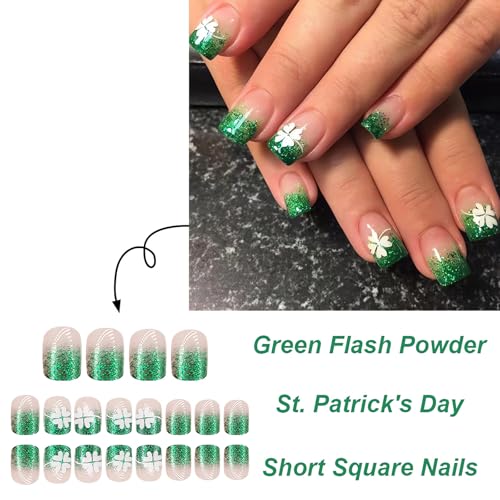 St. Patrick's Day Short Square Green French Tip Press on Nails with Clover