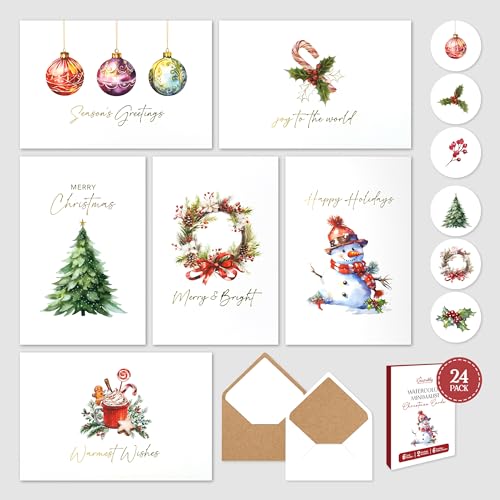 24 Pack Gold Foil Watercolor Christmas Cards with Envelopes