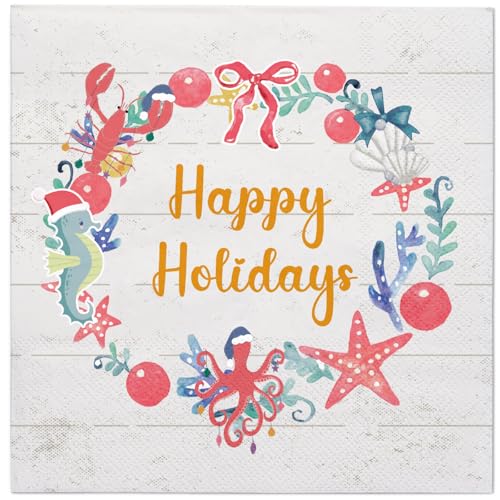 Christmas Paper Napkins 50 Pack - 3-Ply Wreath Sea Pattern Disposable Tableware