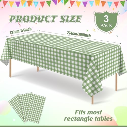 Denwiller 3-Pack Sage Green Gingham Tablecloths, 54x108 Inch Checkered Covers
